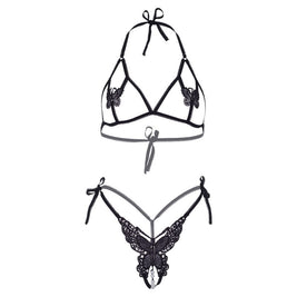 Leg Avenue - Set Dos Piezas Sujetador Y Tanga De Mariposas Y Perlas Talla Unica - Negro