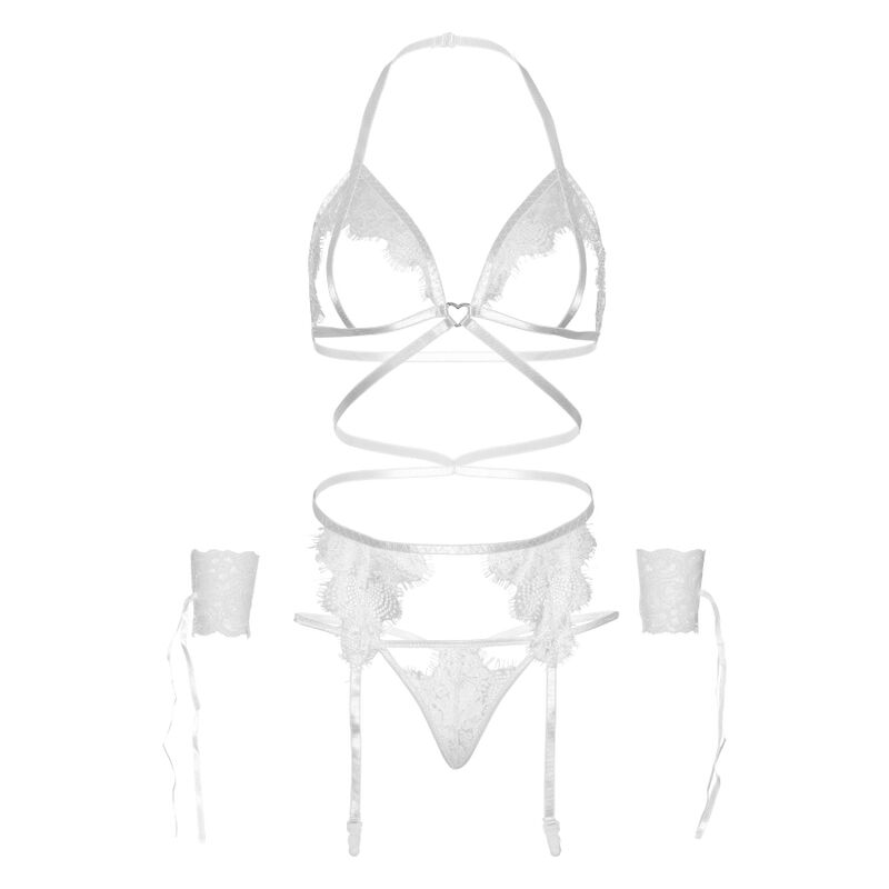 Set Leg Avenue Cuatro Piezas Sujetador, Liguero, Tanga Y Puños Talla Unica - Negro