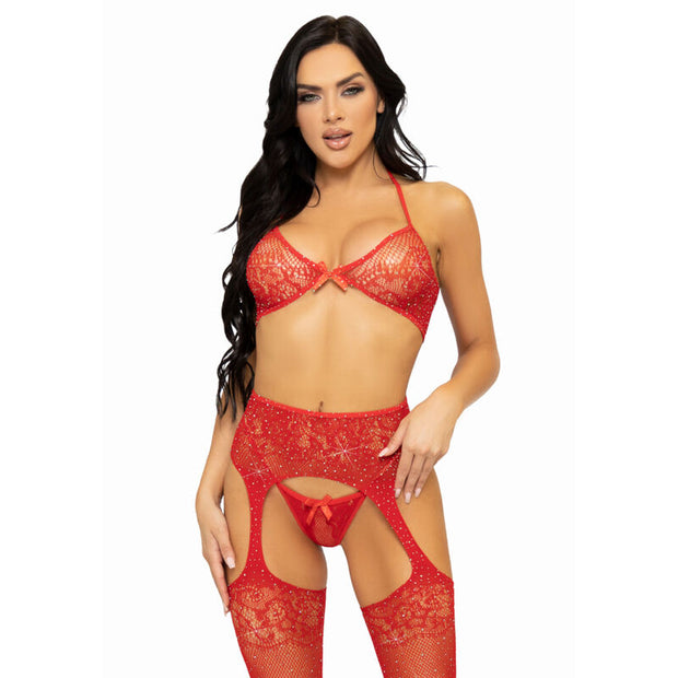 Leg Avenue - Set Tres Piezas Sujetador, Tanga Y Medias Talla Unica - Negro