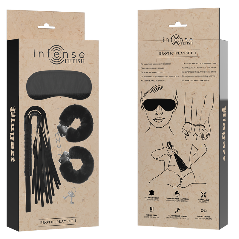 Intenso - Set Da Gioco Erotico Fetish 1 Con Manette, Maschera Cieca E Fustigatore