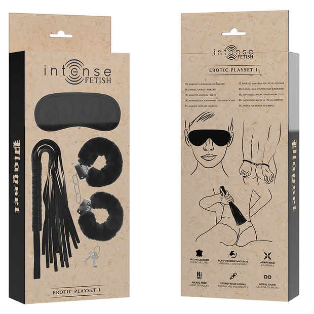 Intenso - Set Da Gioco Erotico Fetish 1 Con Manette, Maschera Cieca E Fustigatore