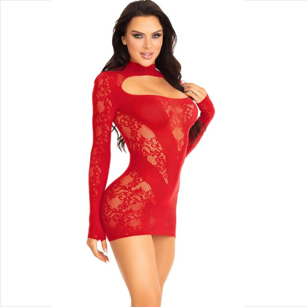 Leg Avenue - Mini Abito Con Pizzo Manica Lunga Rosso