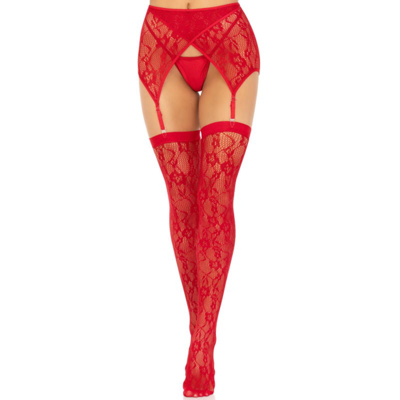 Leg Avenue - Medias Encaje &Amp; Liguero Rojo