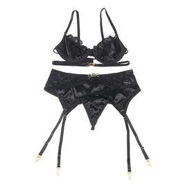 SUBBLIME - SET 3 PEZZI REGGISENO + PERIZOMA + GIARRETTIERA IN PIZZO NERO L/XL