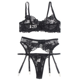 SUBBLIME - SET 3 PEZZI REGGISENO + PERIZOMA + GIARRETTIERA STAMPA FLOREALE NERO L/XL