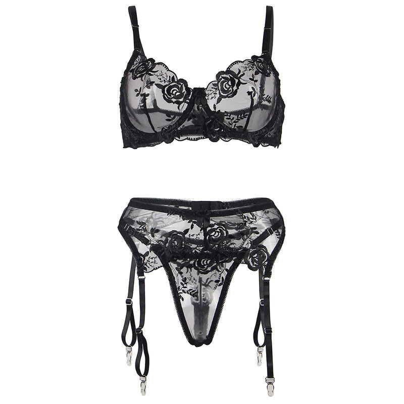 SUBBLIME - SET 3 PEZZI REGGISENO + PERIZOMA + GIARRETTIERA STAMPA FLOREALE NERO L/XL
