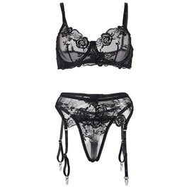 SUBBLIME - SET 3 PEZZI REGGISENO + PERIZOMA + GIARRETTIERA STAMPA FLOREALE NERO L/XL