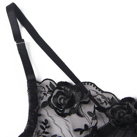 SUBBLIME - SET 3 PEZZI REGGISENO + PERIZOMA + GIARRETTIERA STAMPA FLOREALE NERO L/XL