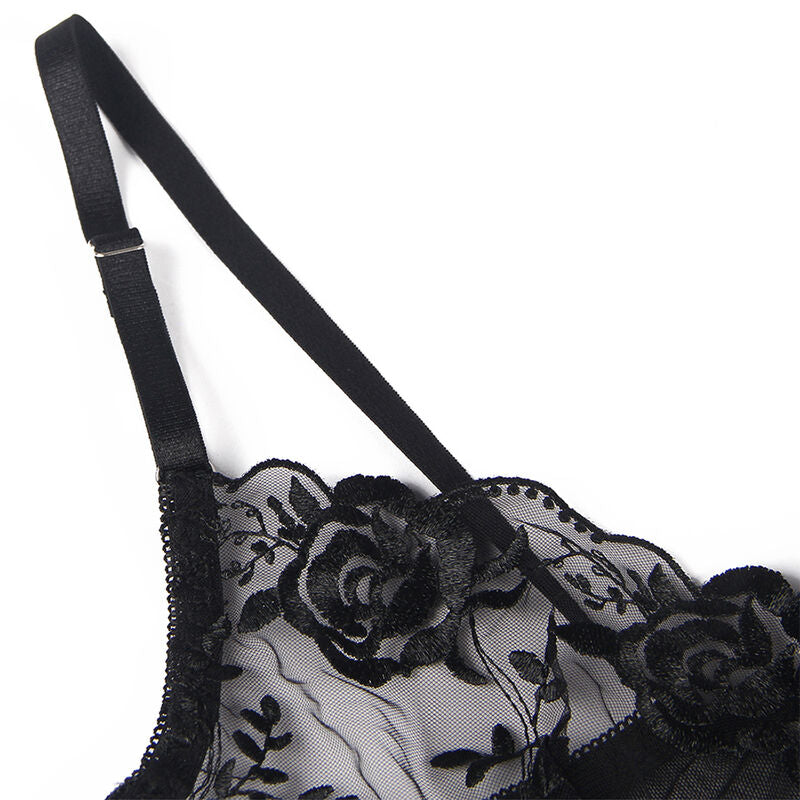 SUBBLIME - SET 3 PEZZI REGGISENO + PERIZOMA + GIARRETTIERA STAMPA FLOREALE NERO L/XL