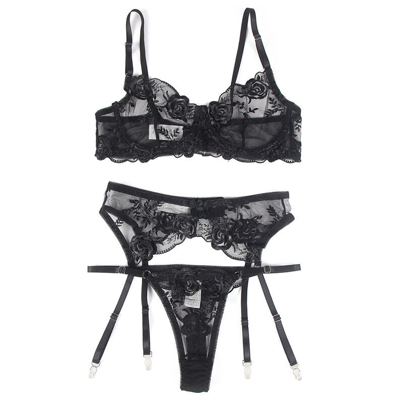 SUBBLIME - SET 3 PEZZI REGGISENO + PERIZOMA + GIARRETTIERA STAMPA FLOREALE NERO L/XL