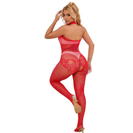 Subblime - 952372 Bodystocking A Rete E Pizzo Senza Cavallo Con Collo Alto Rosso Taglia Unica
