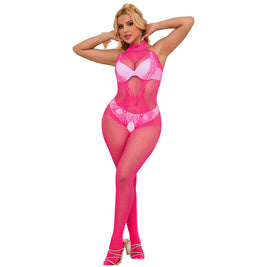 Subblime - 952389 Bodystocking A Rete E Pizzo Senza Cavallo Con Collo Alto Rosa Taglia Unica