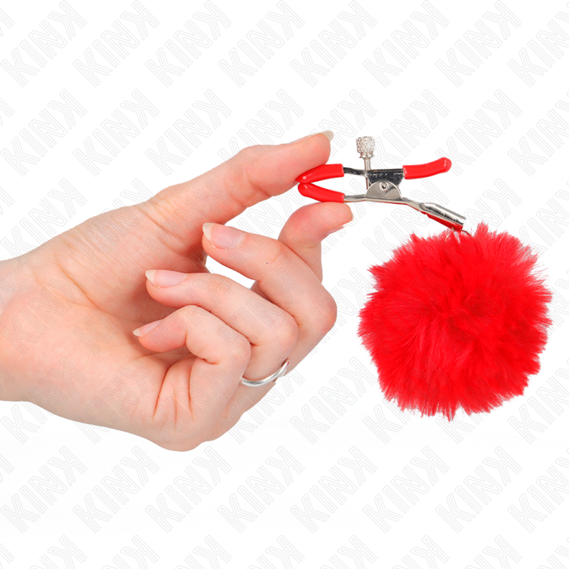 Kink - Morsetto Per Capezzoli A Palla In Pelliccia Sintetica Rosso 6 Cm