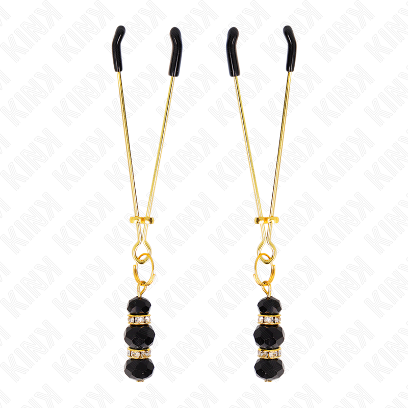 Kink - Morsetti Per Capezzoli Sottili Oro Con 3 Perline Di Vetro Nero 7 Cm