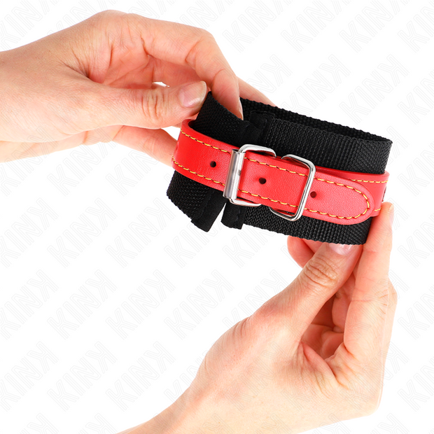 Kink - Cinturini Da Polso In Nylon Neri Con Similpelle Rossa Regolabili 19-24 Cm X 5,5 Cm