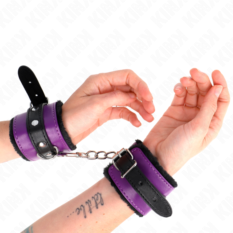 Kink - Cinturini Da Polso Premium Con Foderamento In Pelliccia Neri Con Cintura Viola/Nera Regolabile 17-29 Cm X 6 Cm