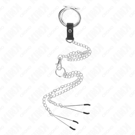 Kink - Anello Per Pene Triplo In Metallo Cromato Da 3 Cm A 4,5 Cm Con Catena In Metallo Da 26 Cm E Clip Per Capezzoli