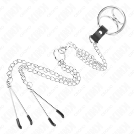 Kink - Anello Per Pene Triplo In Metallo Cromato Da 3 Cm A 4,5 Cm Con Catena In Metallo Da 26 Cm E Clip Per Capezzoli