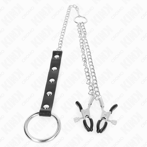 Kink - Anello Per Pene In Metallo Con Catena E Morsetti Per Capezzoli Regolabili