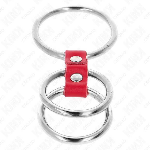 Kink - Anello Per Pene In Triplo Metallo Da 3,7 Cm A 5 Cm Connesso Con Pelle Rossa