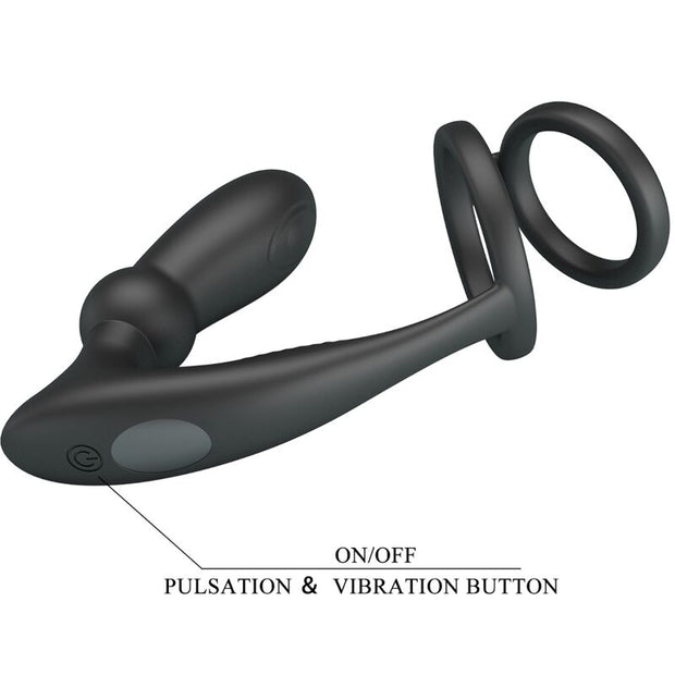 Pretty Love - Anello Per Pene Emoni + Tappo Anale 12 Vibrazioni Nero