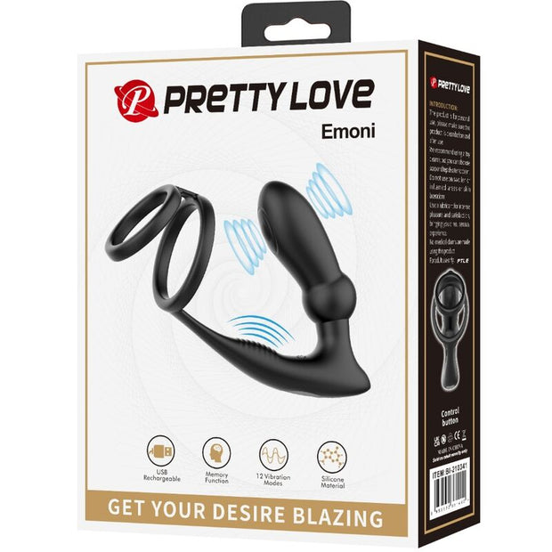 Pretty Love - Anello Per Pene Emoni + Tappo Anale 12 Vibrazioni Nero
