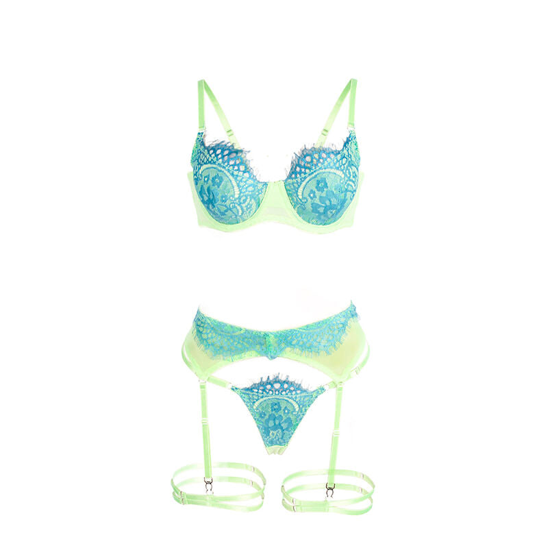 SUBBLIME - 955311 COMPLETO REGGISENO CON PIZZO E LINEE GIARRETRICI VERDE E BLU S/M