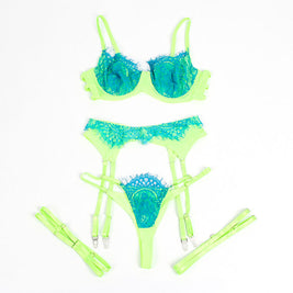 SUBBLIME - 955328 COMPLETO REGGISENO CON PIZZO E LINEE GIARRETRICI VERDE E BLU L/XL