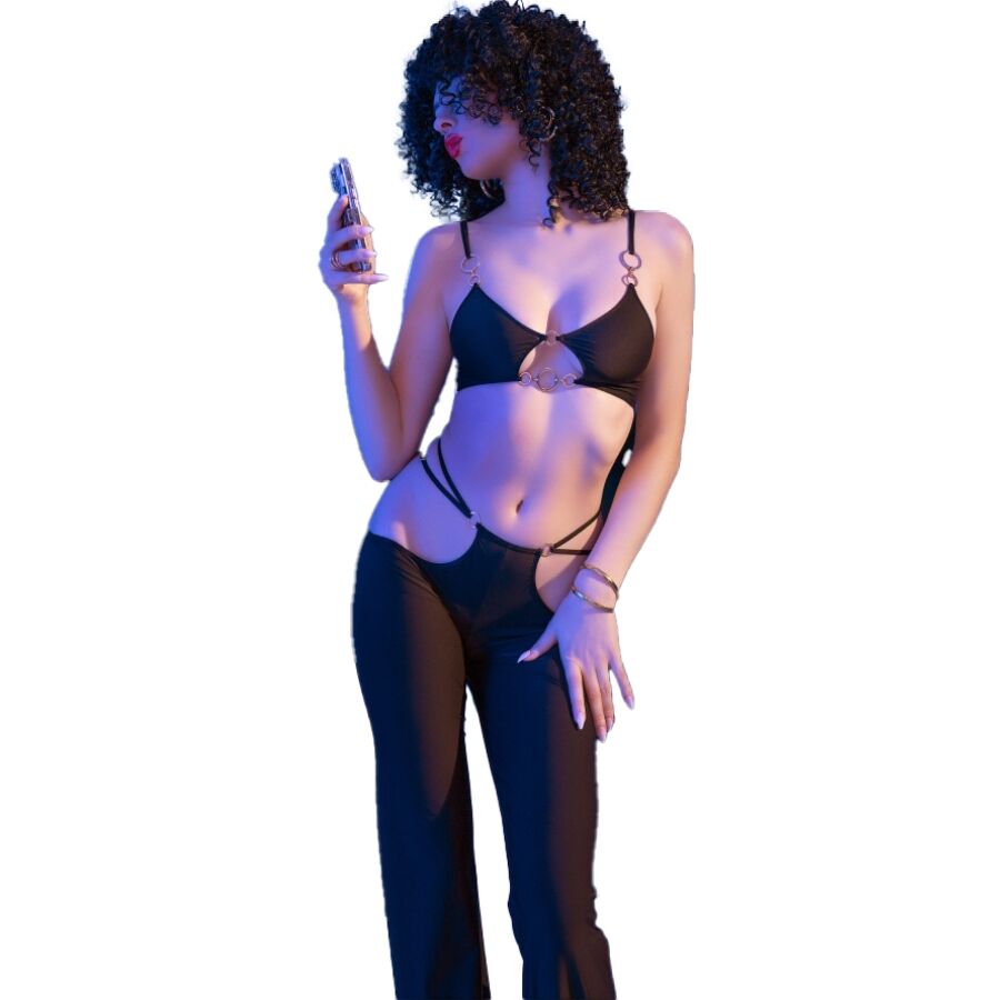 CHILIROSE - CR 4851 SET TOP E LEGGINGS NERI CON ACCESSORI DORATI L