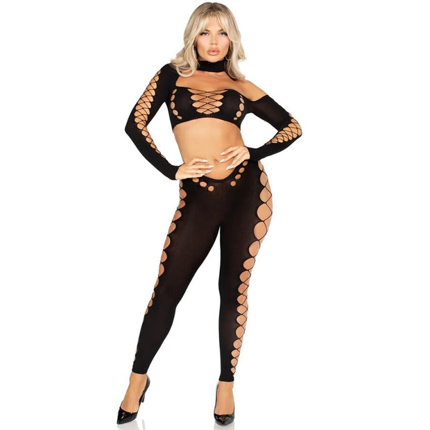 LEG AVENUE - TOP CORTO E LEGGINGS CUT-OUT SENZA CUCITURE NERO