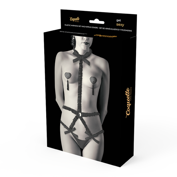 Coquette Chic Desire - Set Di Imbracatura Elastica E Copricapezzoli Neri